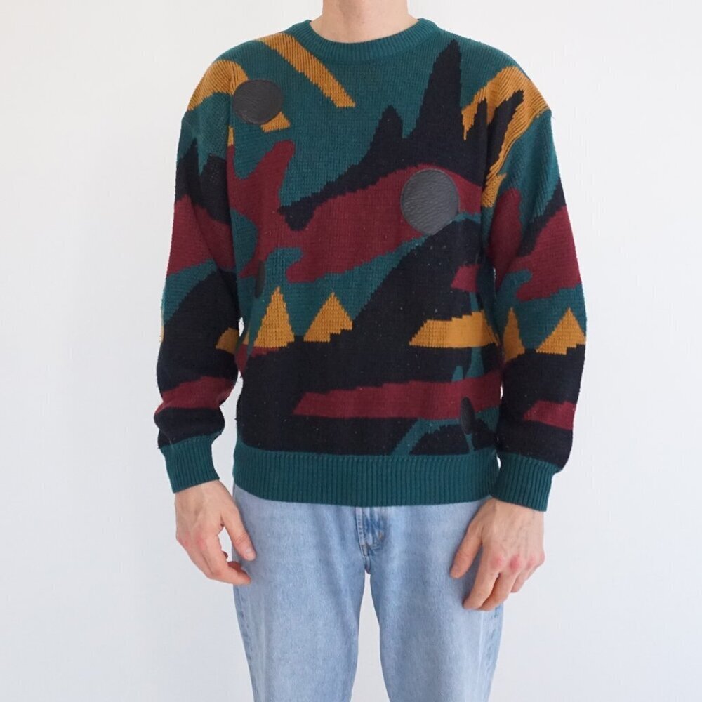 Vintage Street Scene Green Burgundy Mustard Abstract Intarsia Knit Sweater M